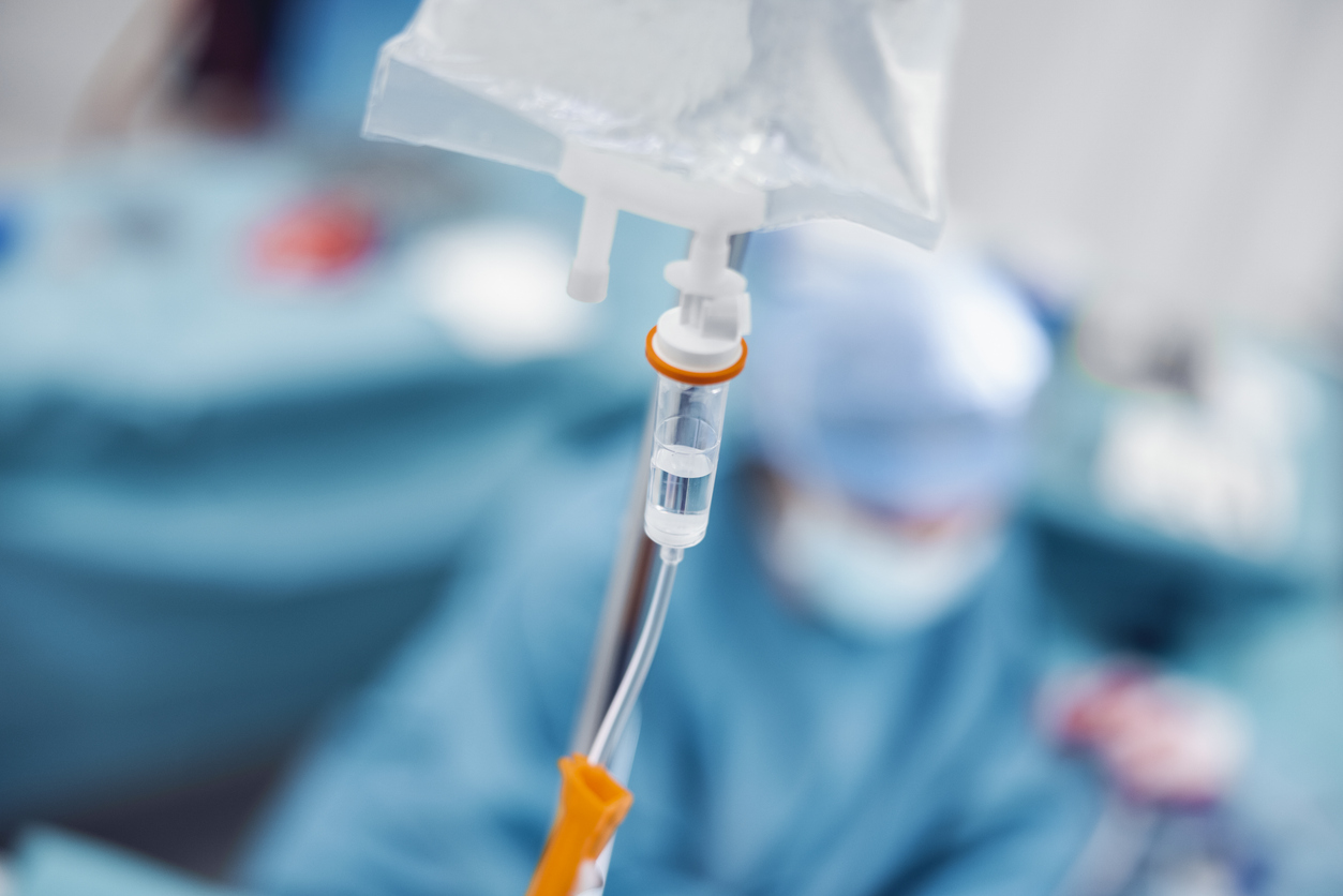Close-up of IV drip bag.